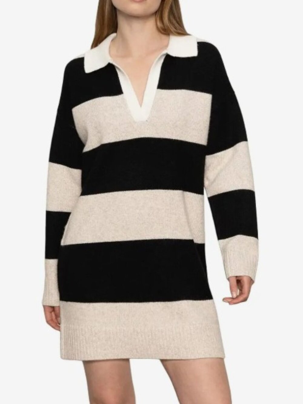 ANTHROPOLOGIE Sanctuary Polo Striped Sweater Dress Heather Pearl Black M, NWT